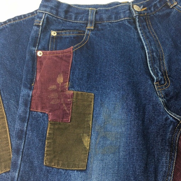 Vintage Patchwork Jeans Womens 28 x 29 Blue Denim Corduroy Patches Gold Stamped‎ - Picture 3 of 9